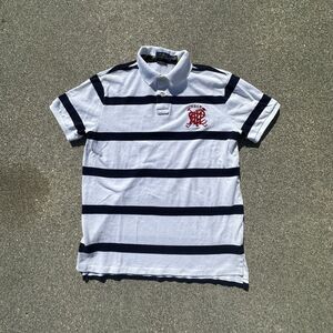 Polo Ralph Lauren Rugby Crest Striped Shirt Mens Large Button Short Sleeve White